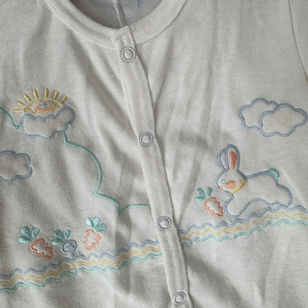 Vintage 70s Doespun cardigan onesie set bunny embroidered baby romper unisex